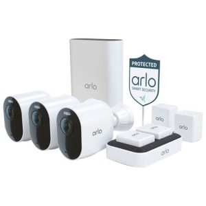 1 of 10 Top Deal Arlo Ultra 2 Spotlight Camera Security System Bundle w/ 3 Wire-Free Indoor/Outdoor 4K Cameras - White